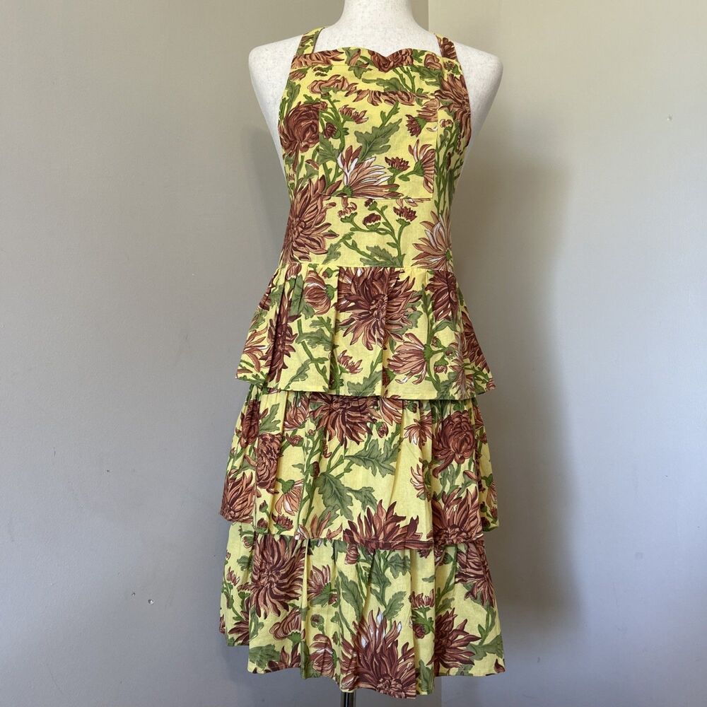 April Cornell Yellow Floral 3 Tiered Bib Pocket Apron 100% Cotton One Size India